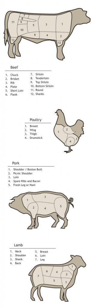 Butchering Diagram for Beef, Pork, Poultry and Lamb