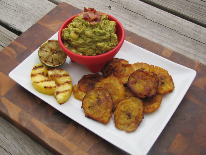 Pineapple Bacon Guacamole with tostones