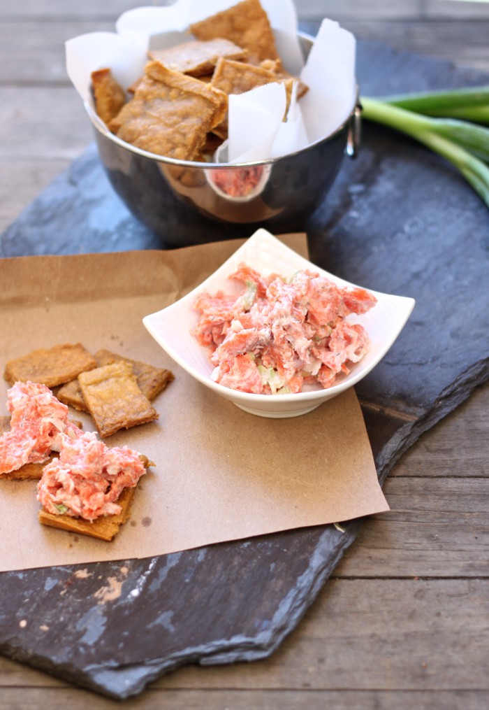 Plantain crackers and salmon spread