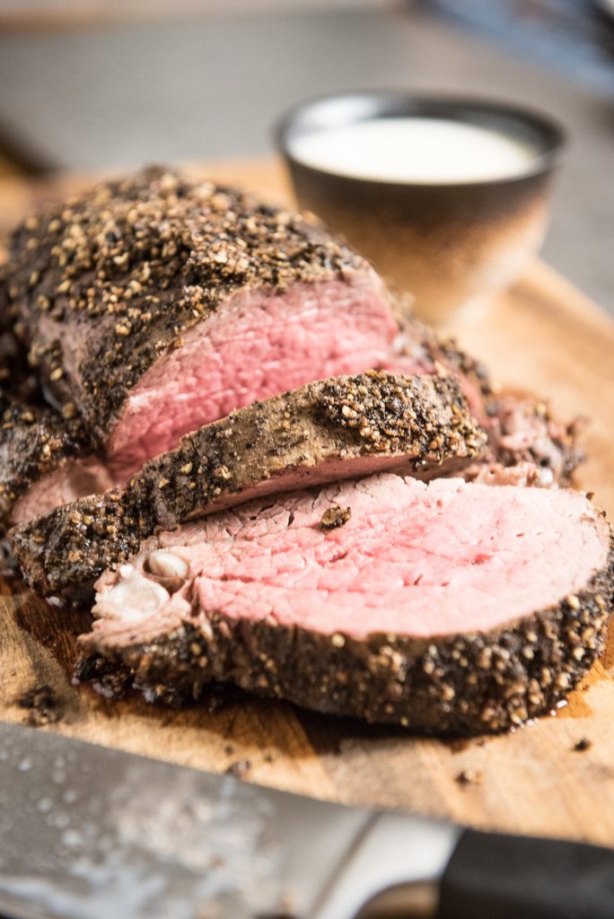 Peppercorn Beef Tenderloin with Roasted Garlic Cream Sauce