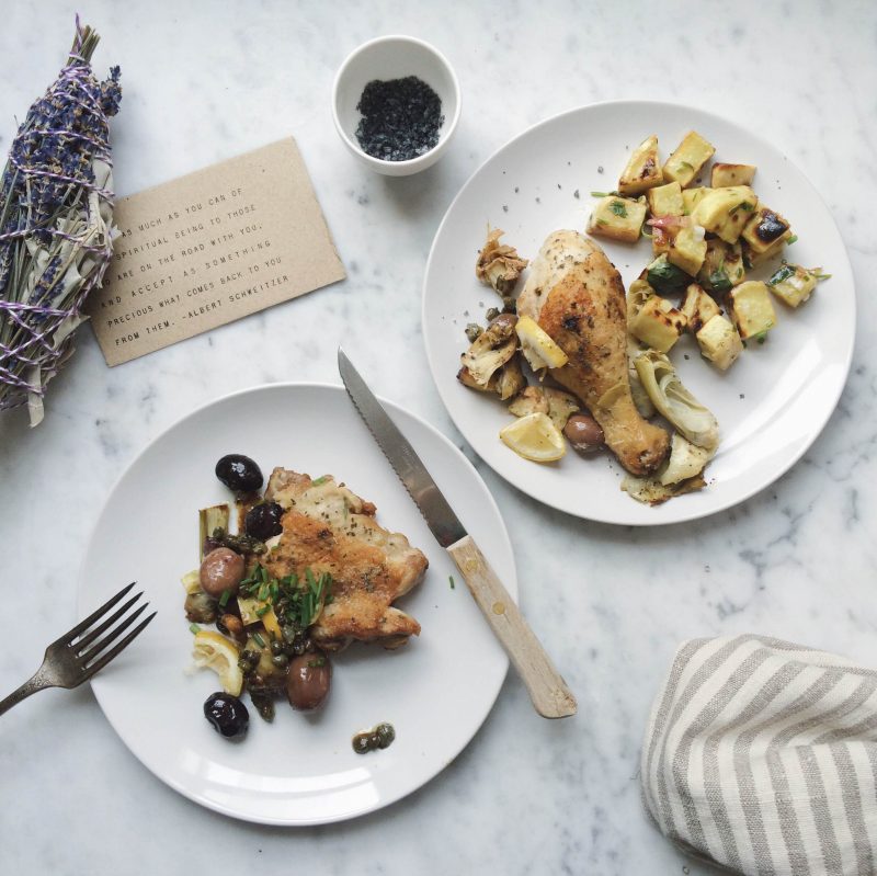 Skillet Chicken Thighs and Sweet Potatoes with Citrus Dressing