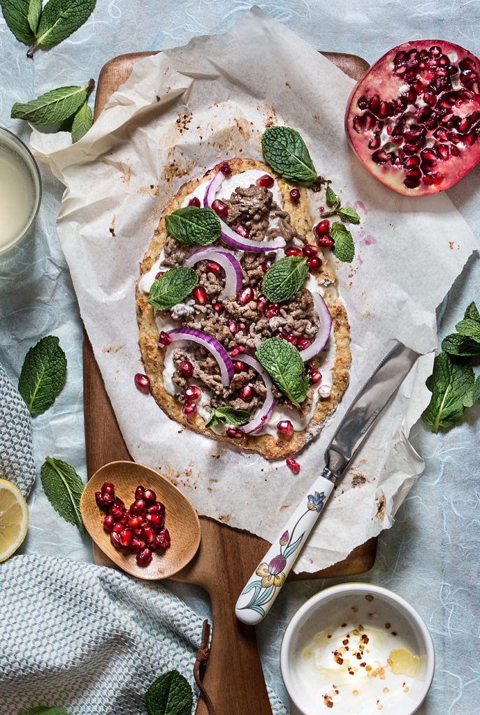 Indian cauliflower crust pizza with cucumber-chilli yogurt | Lau Sunday cooks