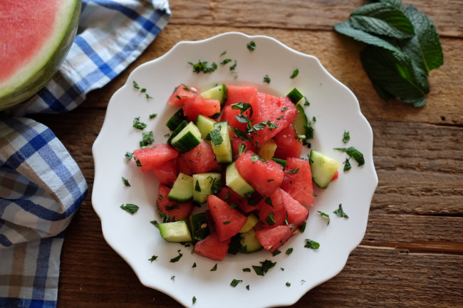 Watermelon cucumber mint salad