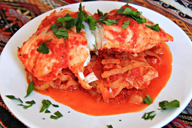 Patagonian Fish with Leeks and Red Bell Peppers